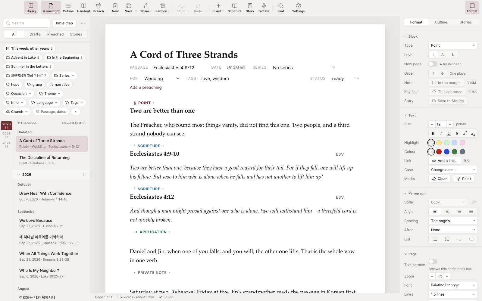 The app: the library of sermons at the left, the manuscript page in the middle, the Format panel at the right