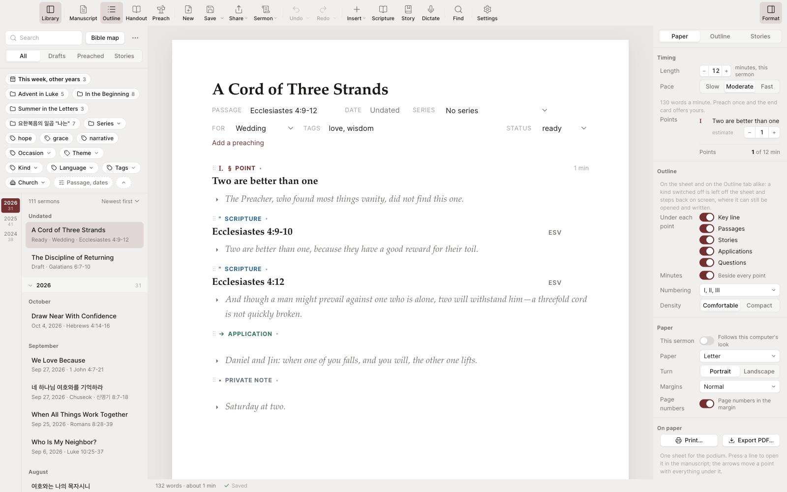 The outline: the points with their minutes and key lines on one sheet
